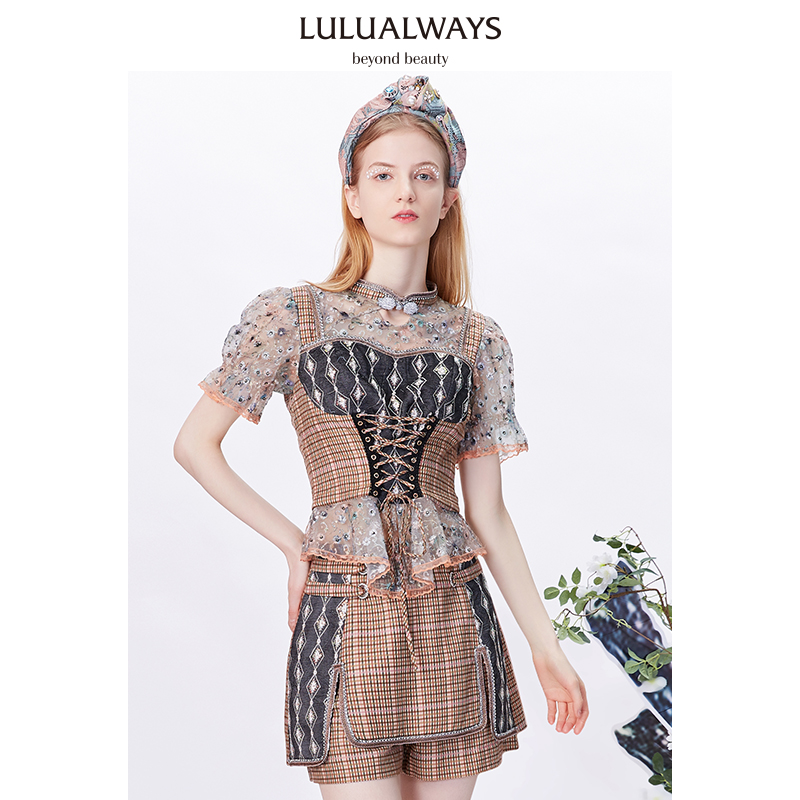LULUALWAYS【商场同款】新款网纱拼接提花绑带镂空短袖衬衫上衣女