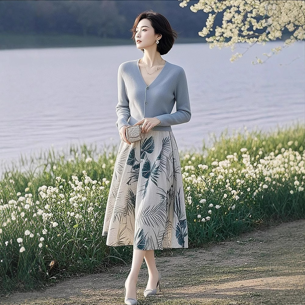 【套装】早春款轻熟风休闲知性针织衫女中长款半裙套装