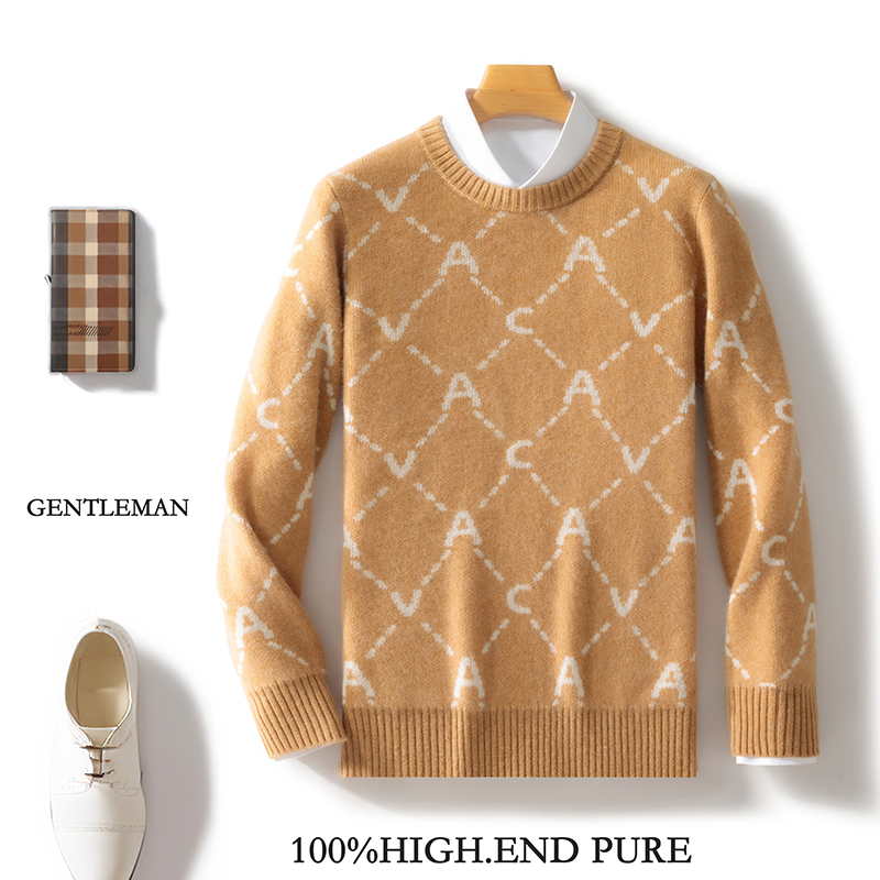 AC拼色圆领男士秋冬款套头羊毛衫时尚百搭休闲保暖针织衫