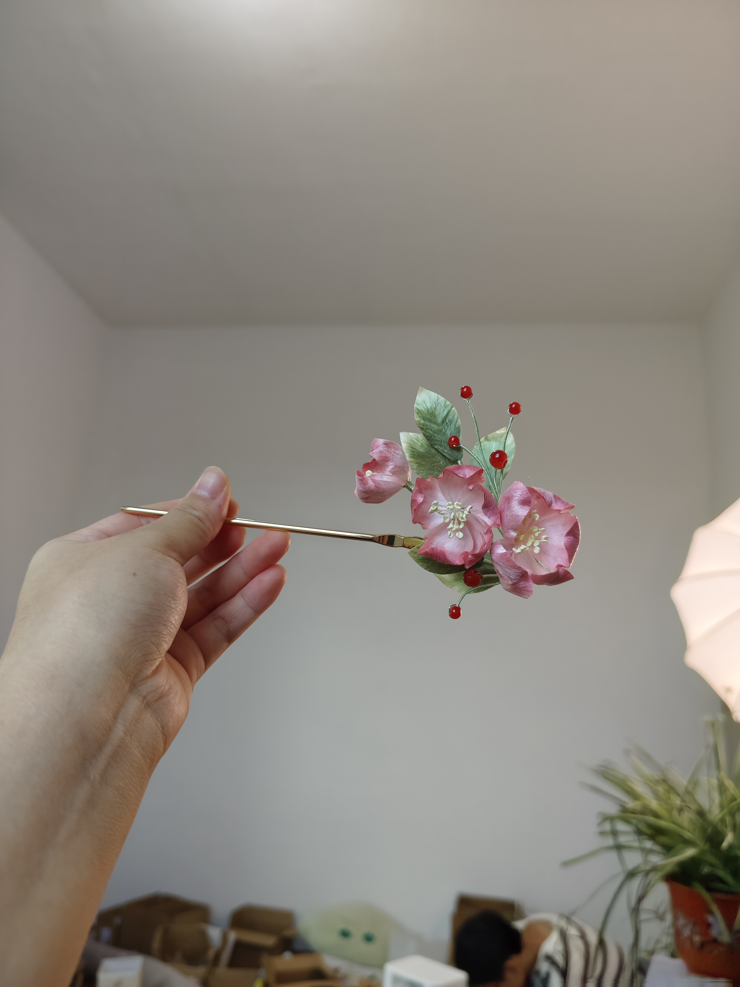 设计款海棠花，非遗绒花发饰