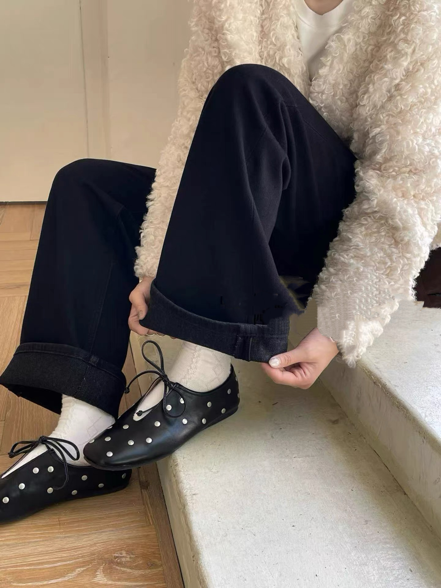 SU【850-1】代A9 愫萌  冬新款四面弹Q暖绒黑色筒喇裤