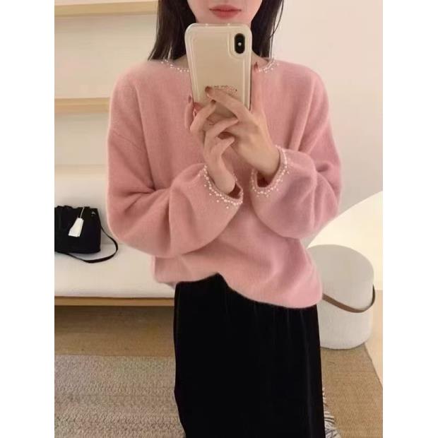 法式重工绿色钉珠针织打底衫女秋冬小香风毛衣内搭洋气小上衣