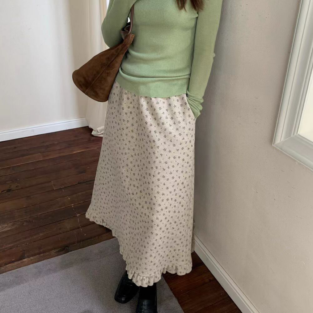 韩国毒加购毛呢碎花长裙长82穿到170斤