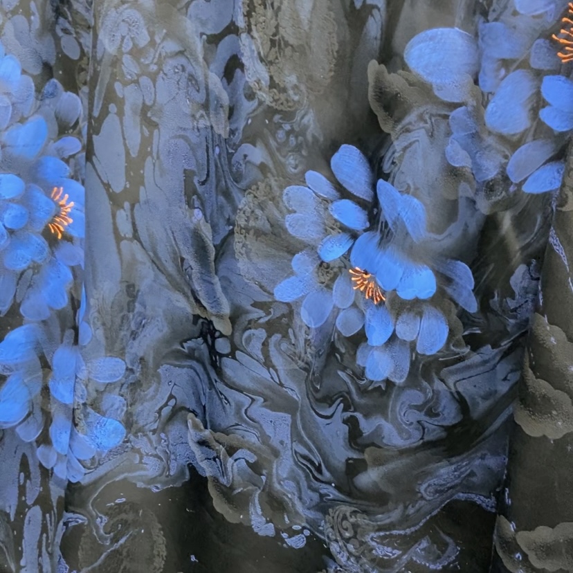 1米链接#手绘描金墨池 蓝色花  （面料一经裁剪不支持退换）