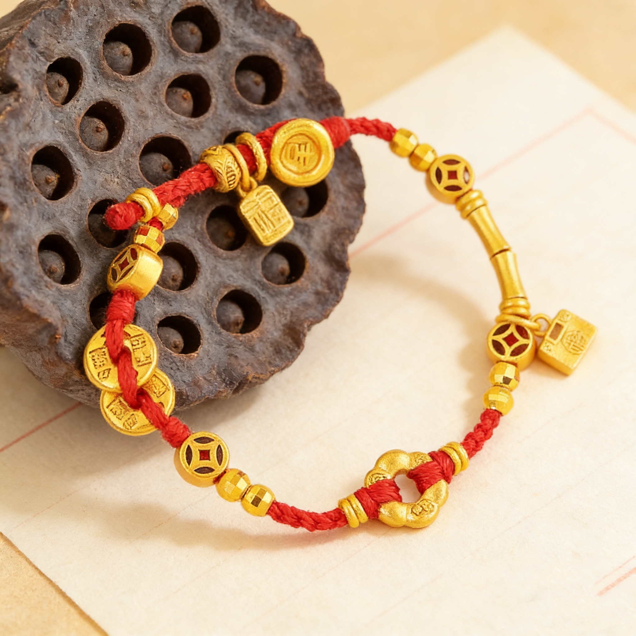 黄铜锦纶手链 竹节吉祥福气如意锁红色手链竹节春桑转运钱币手链