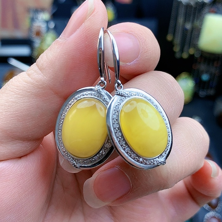 琥珀裸石银S925镶嵌耳坠