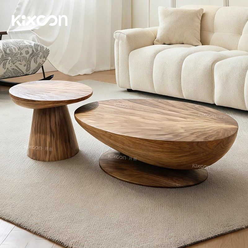 开新Kixoon木心中古风胡桃木客厅茶几木色椭圆玻璃钢茶几边几组合
