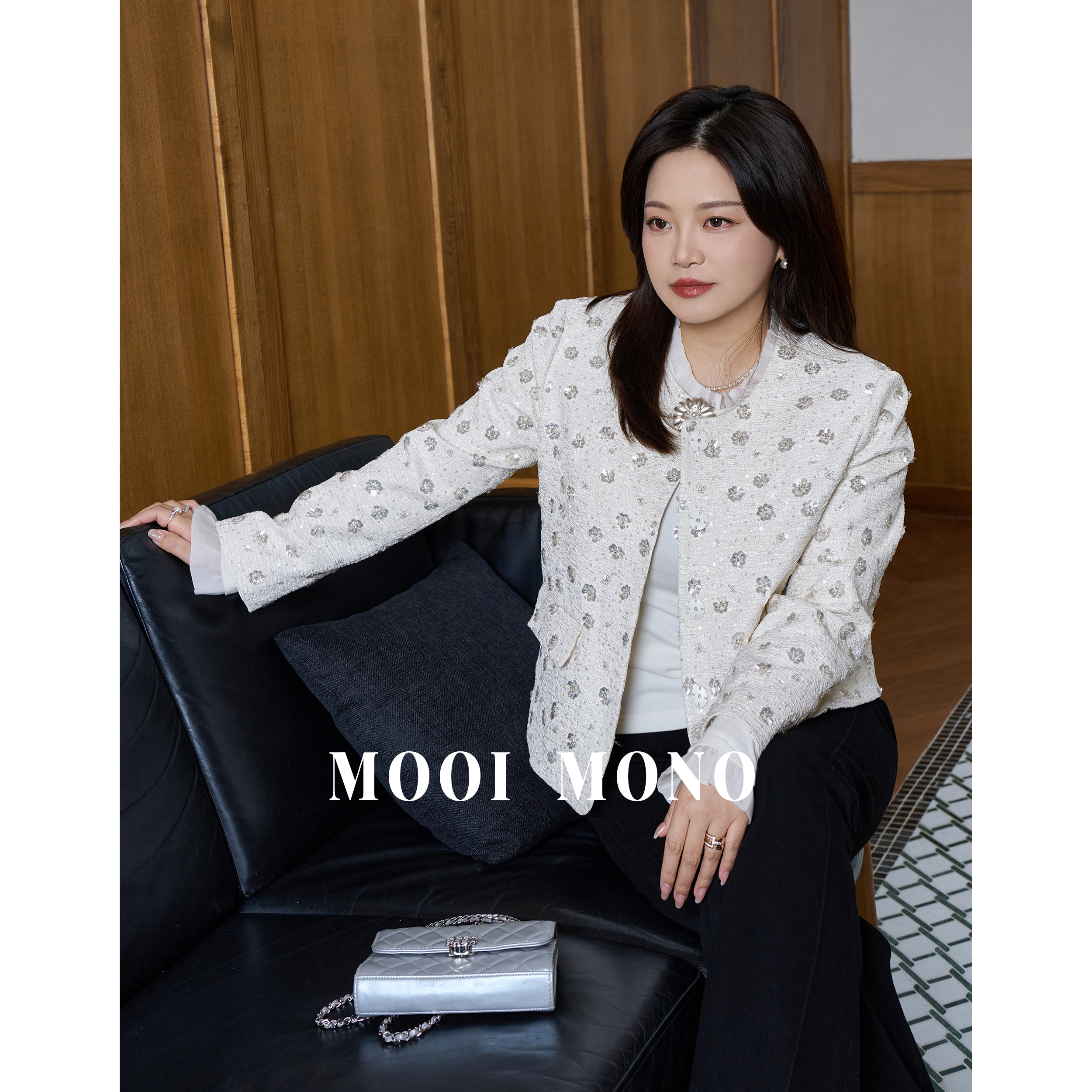 MOOI MONO"淡雅白茶"显瘦早春重工花朵亮片圆领小香风外套W600T51