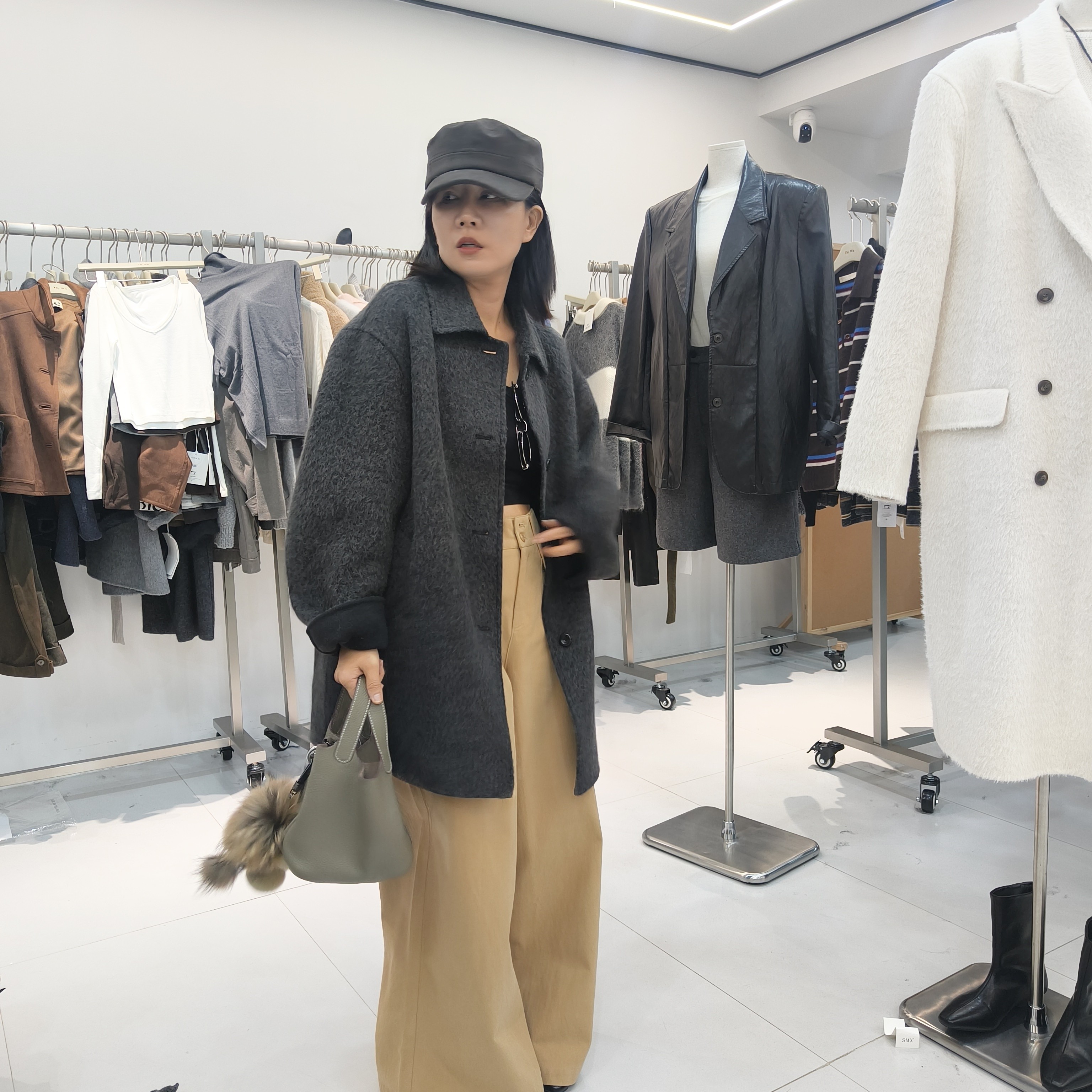 秋冬新款中长款绵翻领单排扣毛呢外套