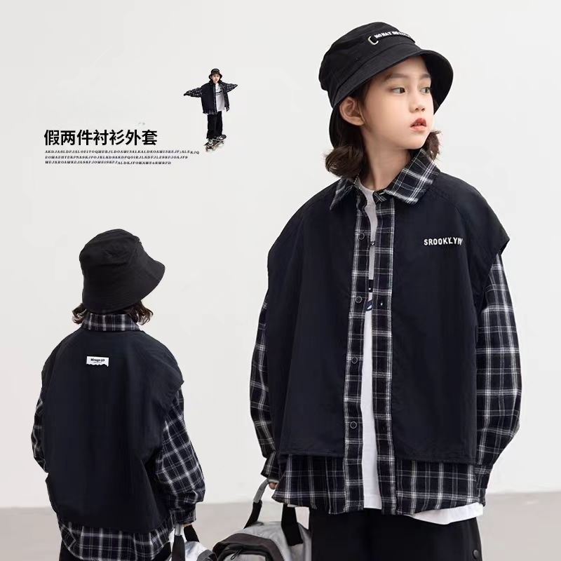 儿童假两件外套2025秋季新款韩版洋气男女童衬衫童装百搭潮流上衣