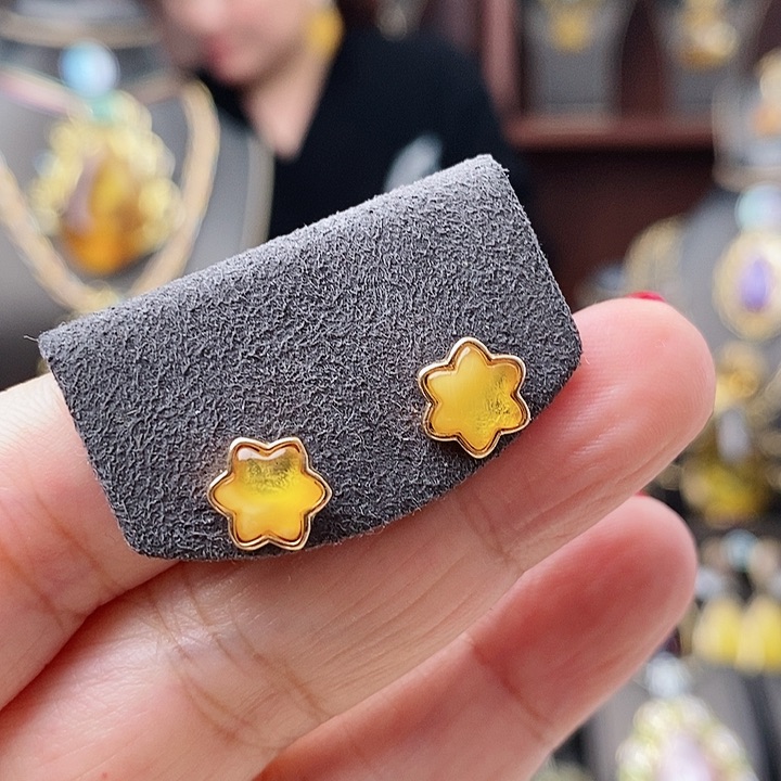 琥珀耳饰银S925镶嵌耳钉