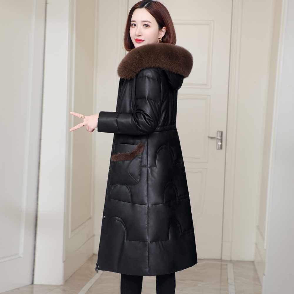 真皮羽绒服女2025新款冬狐狸毛领妈妈皮草绵羊皮衣外套中长款过膝