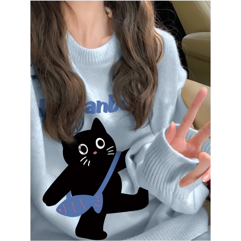 大码300斤秋冬小猫加厚毛衣男女秋冬慵懒圆领胖mm长袖针织衫上衣