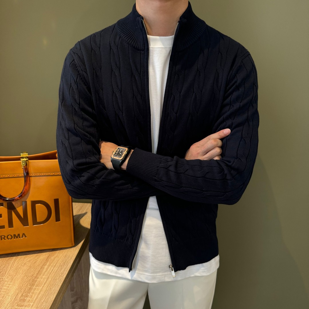 秋冬新款麻花纹理立领针织开衫男修身纯色拉链老钱风毛衣保暖外套