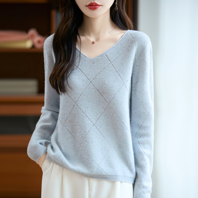 一线成衣~100%羊毛衫珠片V领长袖针织套头打底衫