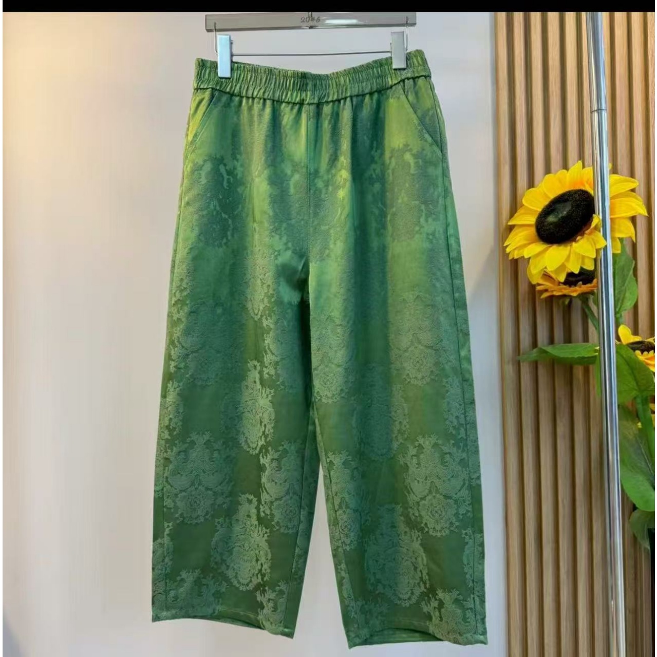 芃新中式国风大码休闲裤2025早秋新款高腰显瘦提花花苞直筒阔腿裤