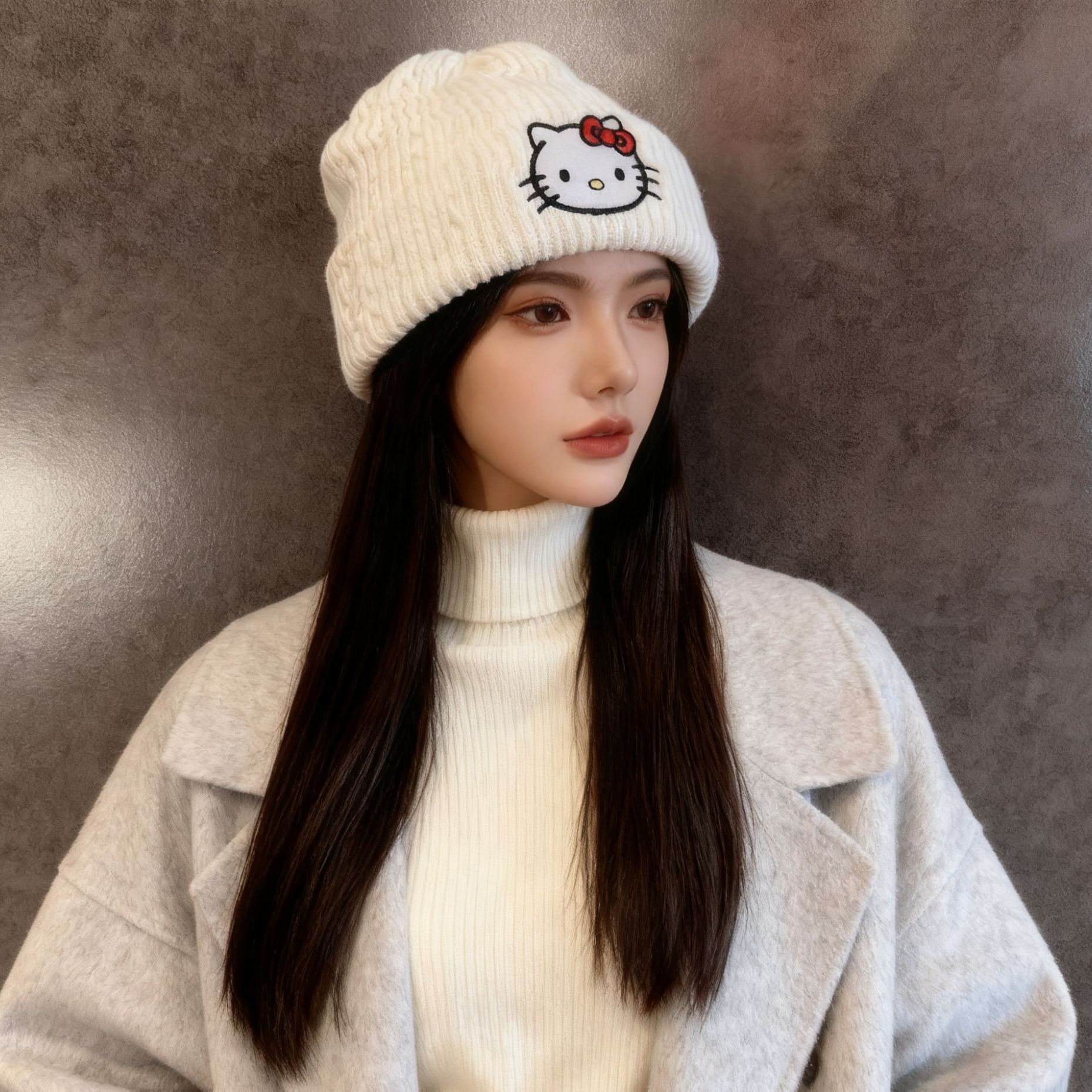 韩国可爱刺绣kitty猫针织帽女秋冬保暖护耳毛线帽大头围套头冷帽