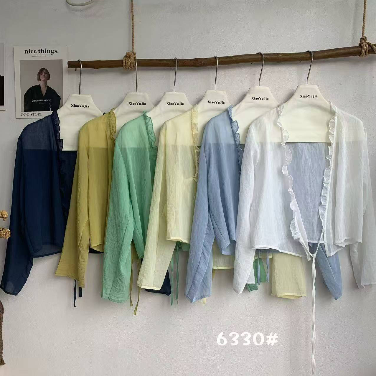 夏季新款韩版木耳边V领长袖宽松显瘦防晒衬衫上衣