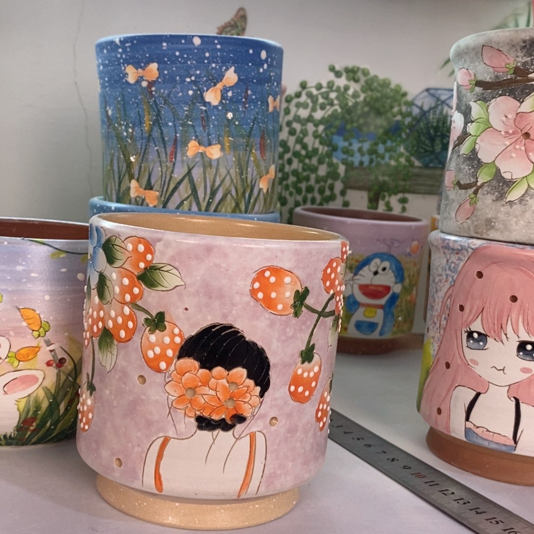 紫砂花盆红陶手绘花盆