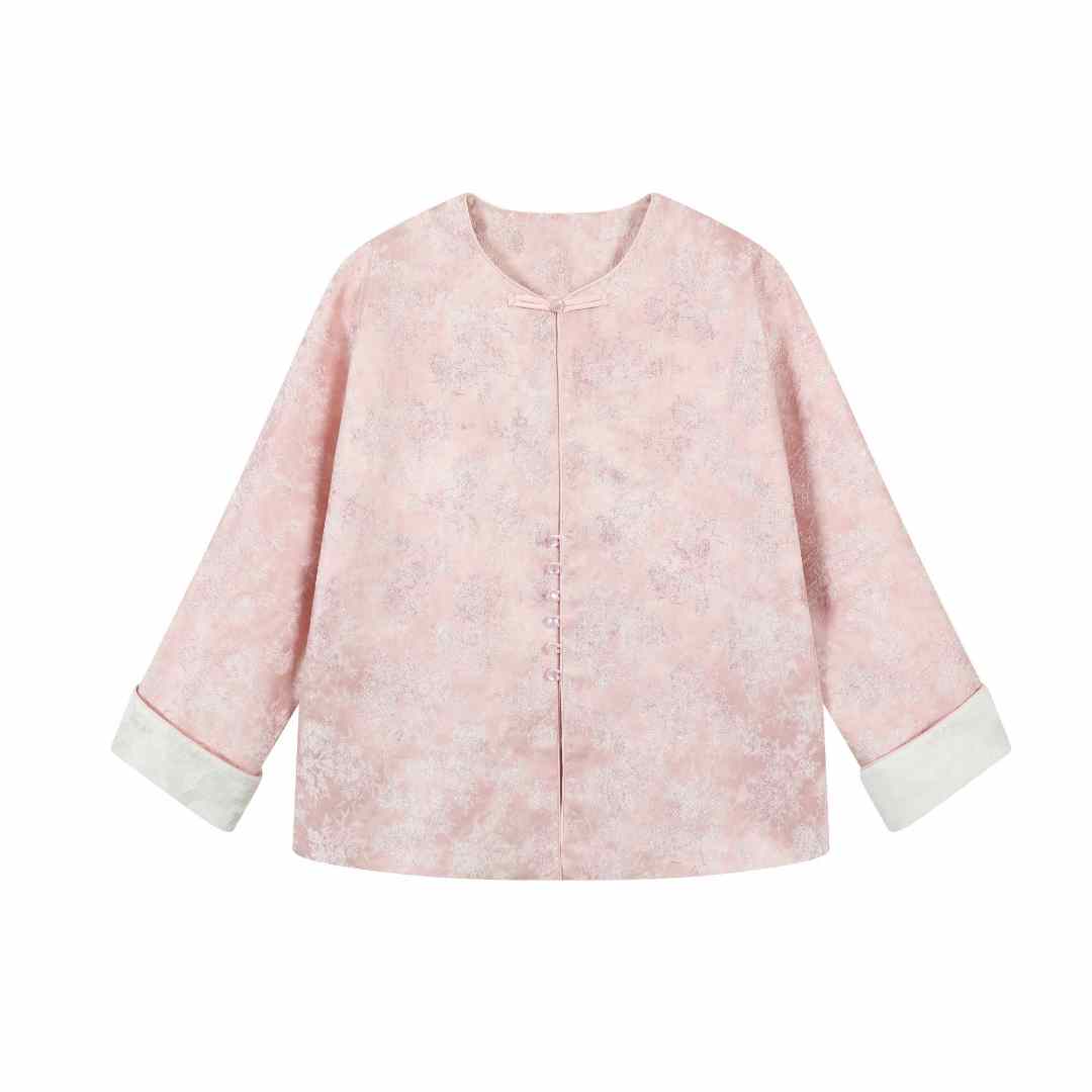 2025年新品提花樱花粉圆领唐装国风中式连身袖外套