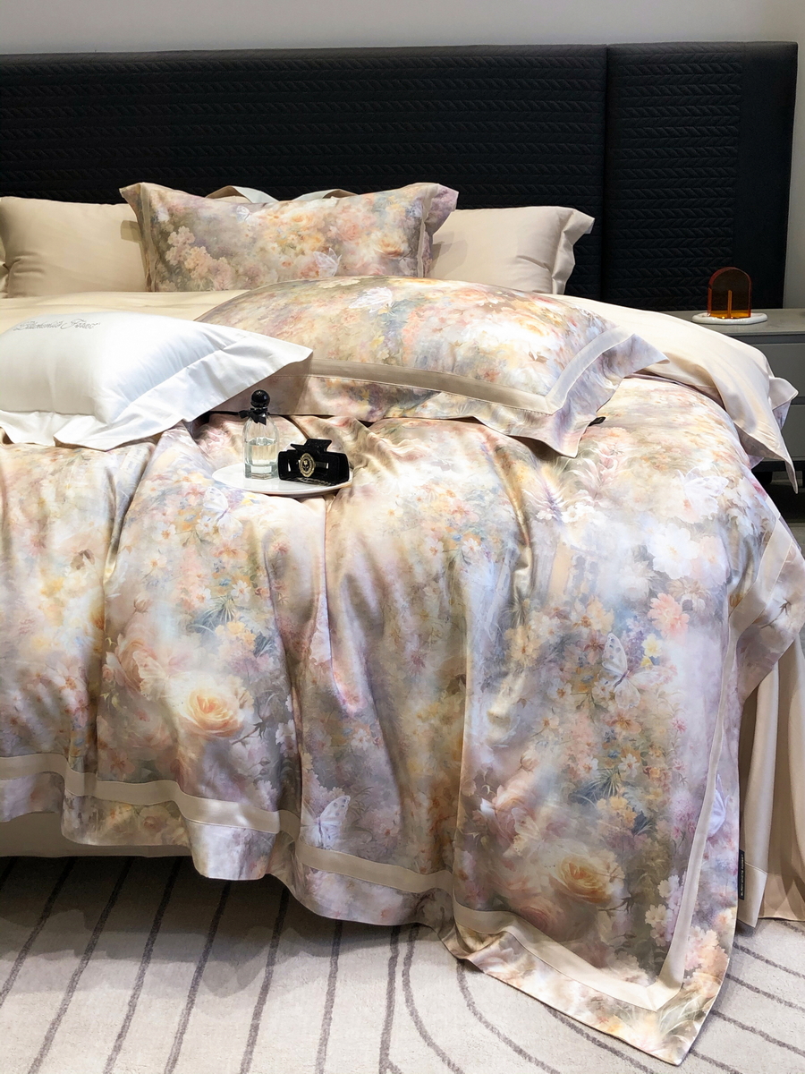 2025新款高支天丝棉大版数码印花法式设计师床品四件套高级感超强