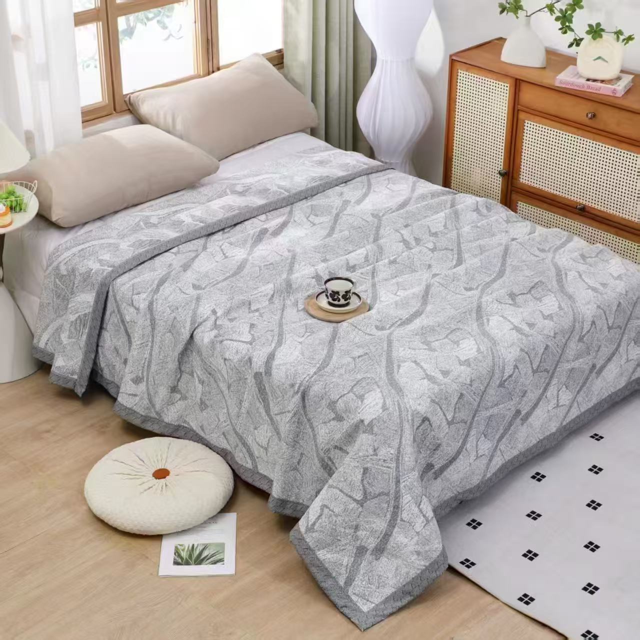 M【陌上桑田-灰】230*250cm长绒棉玉石母冰麻纤维加大床盖可机洗