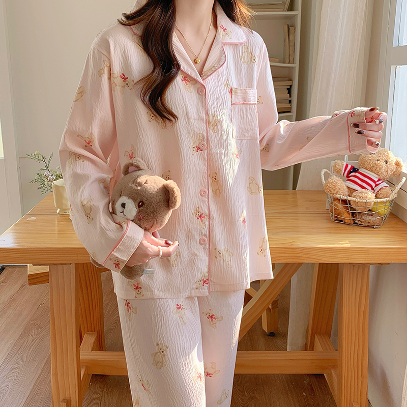 云朵棉睡衣女长袖春秋季韩版宽松甜美休闲开衫翻领秋天家居服套装