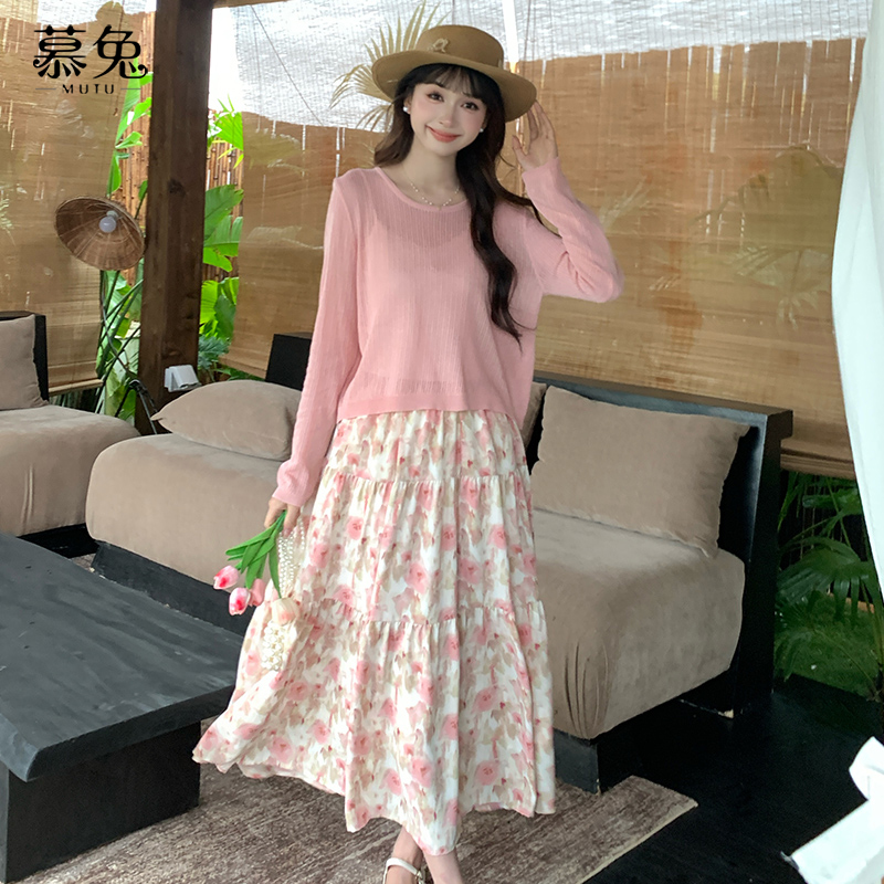 【小铃铛】26323微透防晒针织罩衫碎花半身裙两件套温柔风套装