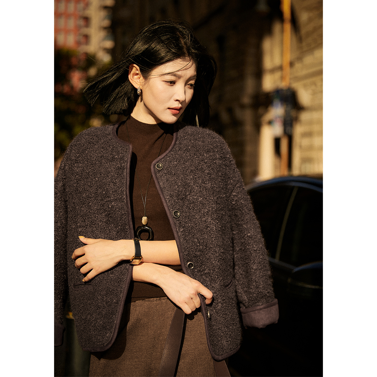 笑涵阁"橡树林童话"美拉德马海毛圈圈纱长毛呢短外套WTF867547VG