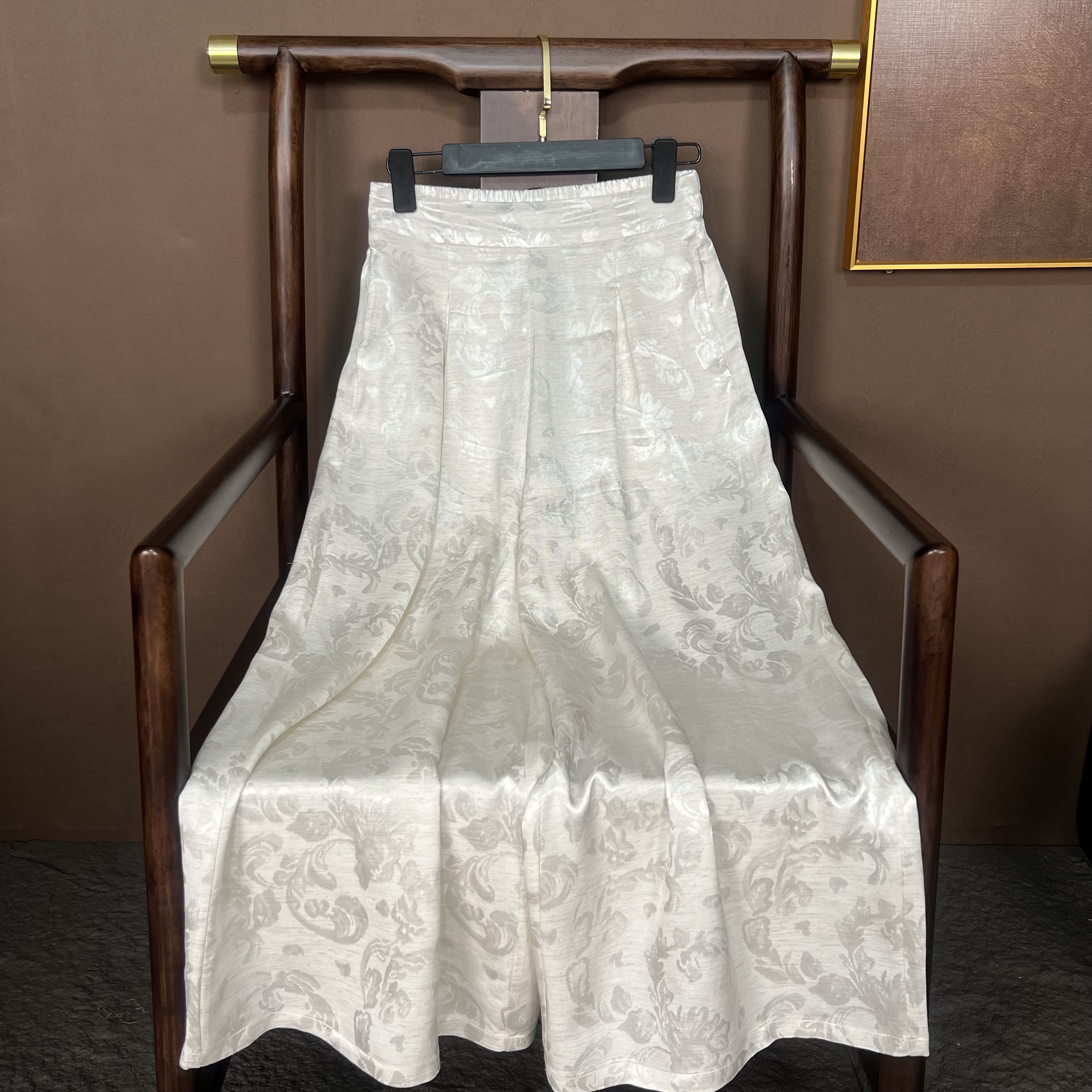 【 西遇】新中式高腰松紧夏季提花休闲裤白色中国风西域风法式