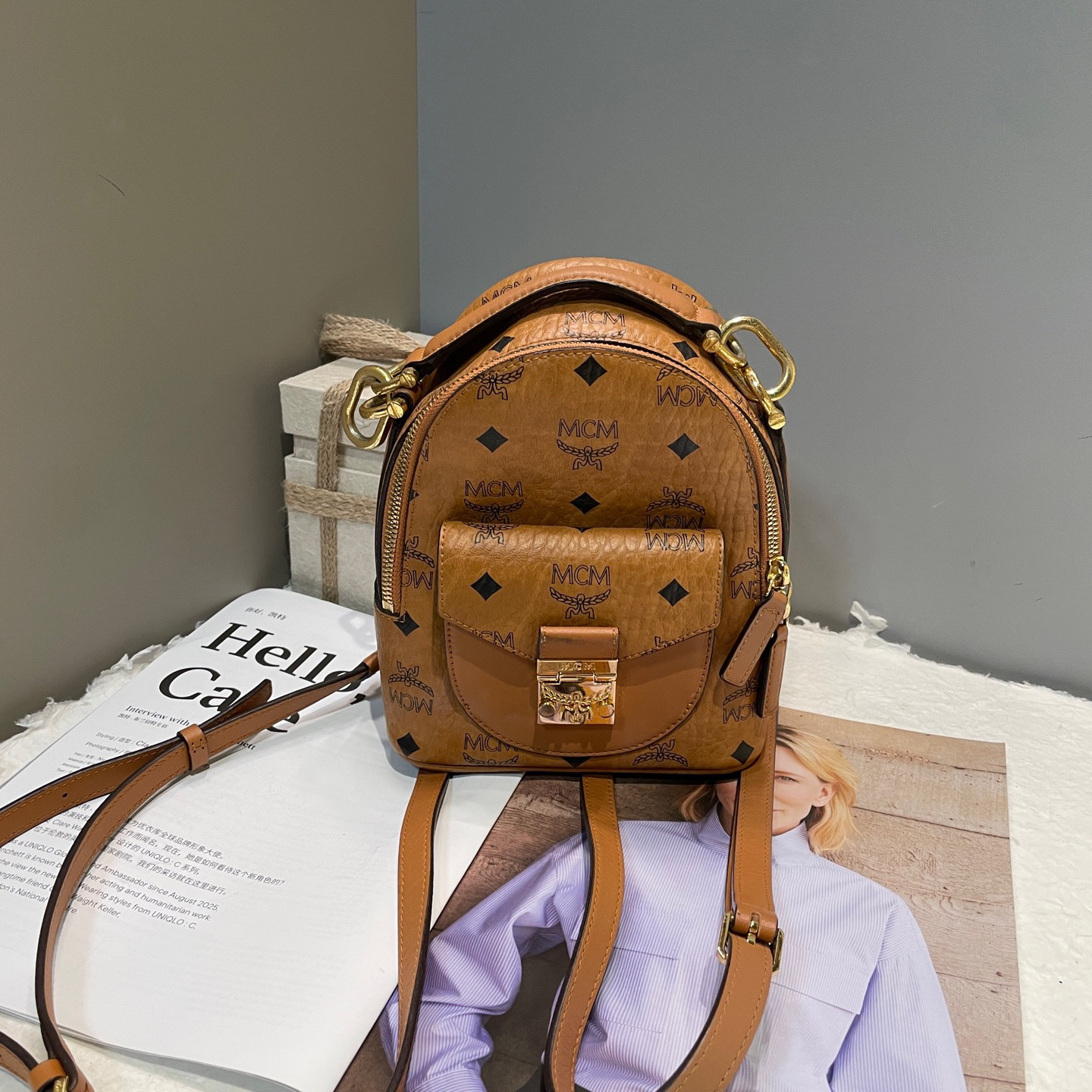 95新 MCM 老花mini干邑色双肩包 底长17高19