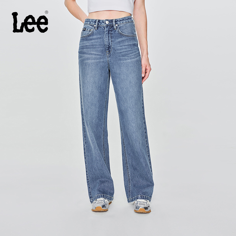 【张凌赫代言】Lee25早秋428懒懒裤舒适高腰直脚中蓝女牛仔裤