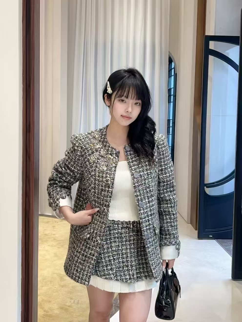 2025冬季新品时尚气质小香风立体亮片粗花呢外套女