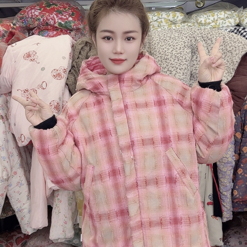 加厚棉花棉袄拉链款连帽格子厚款棉服