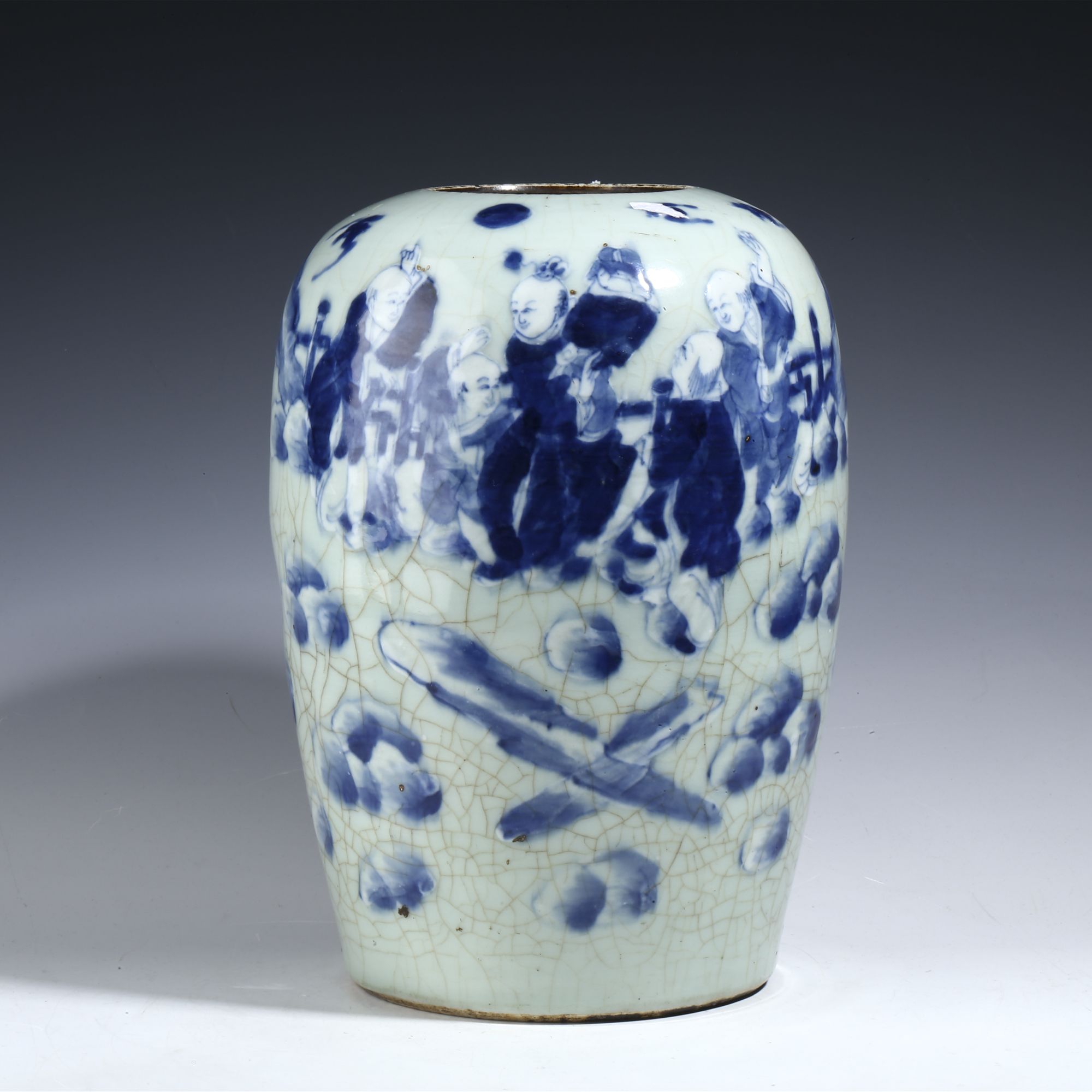 【拍卖-清晚期】·豆青地青花五子夺魁纹冬瓜罐