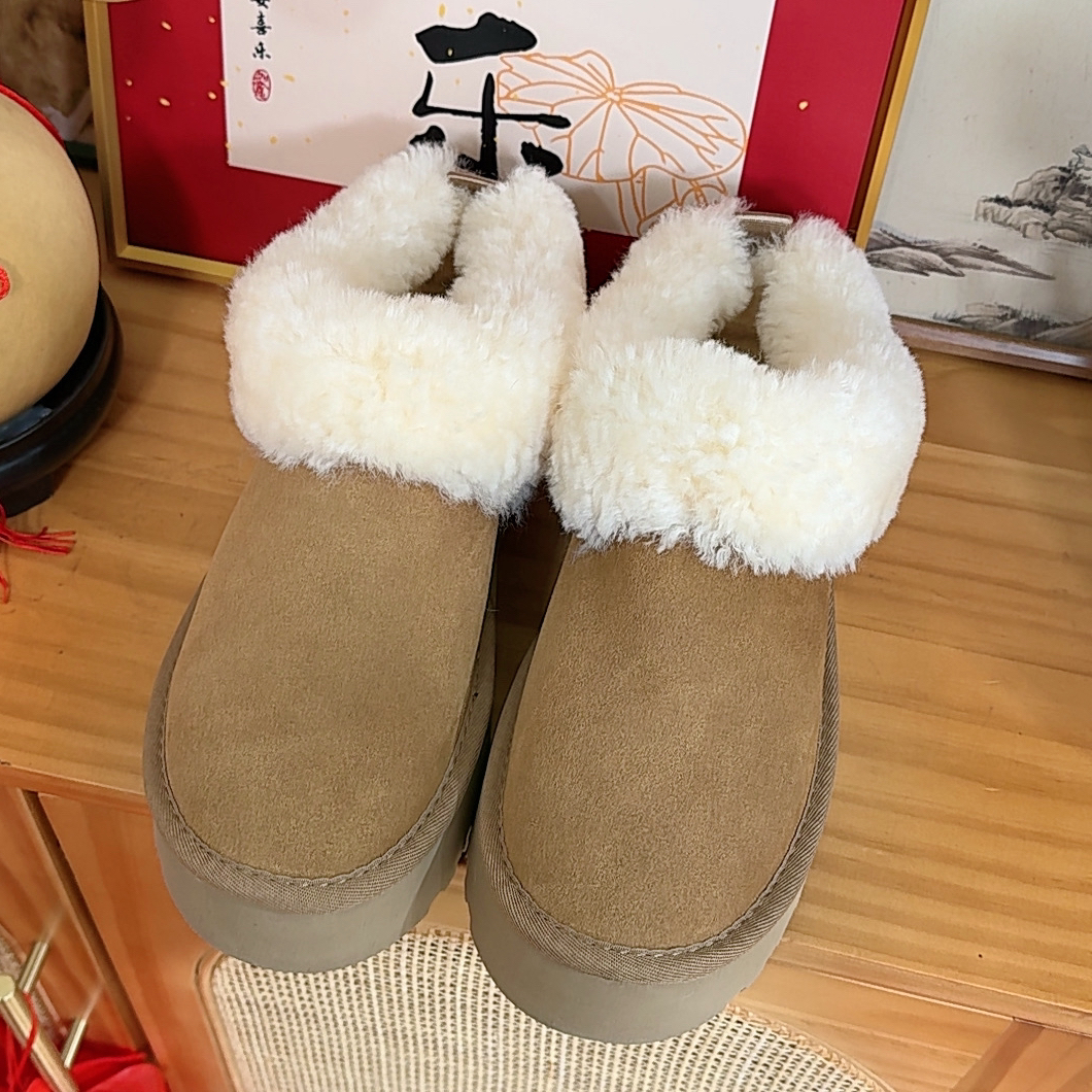 塔茨特头层牛皮雪地靴女2025一脚蹬皮毛一体厚底防滑平底毛毛棉鞋