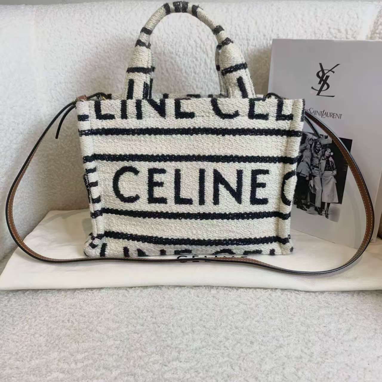 99新 Celine/思琳 米白色毛呢tote小号/ 91591554/12期/代卖服务