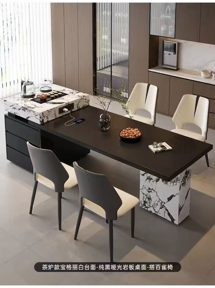 意式极简岩板岛台餐桌一体家用可伸缩多功能小户型现代高级餐桌椅