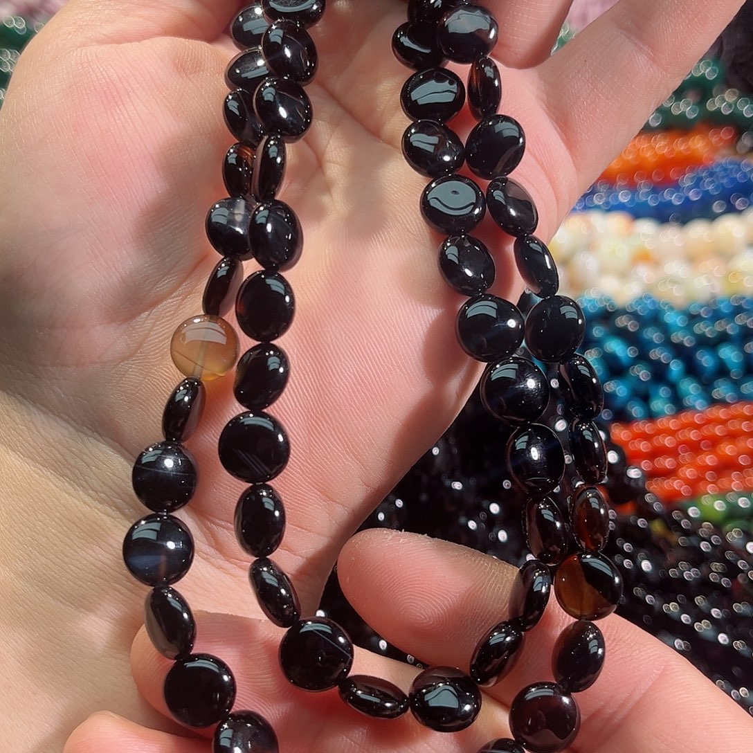 玛瑙/玉髓未镶嵌珠宝半成品黑玛瑙圆饼一条10mm