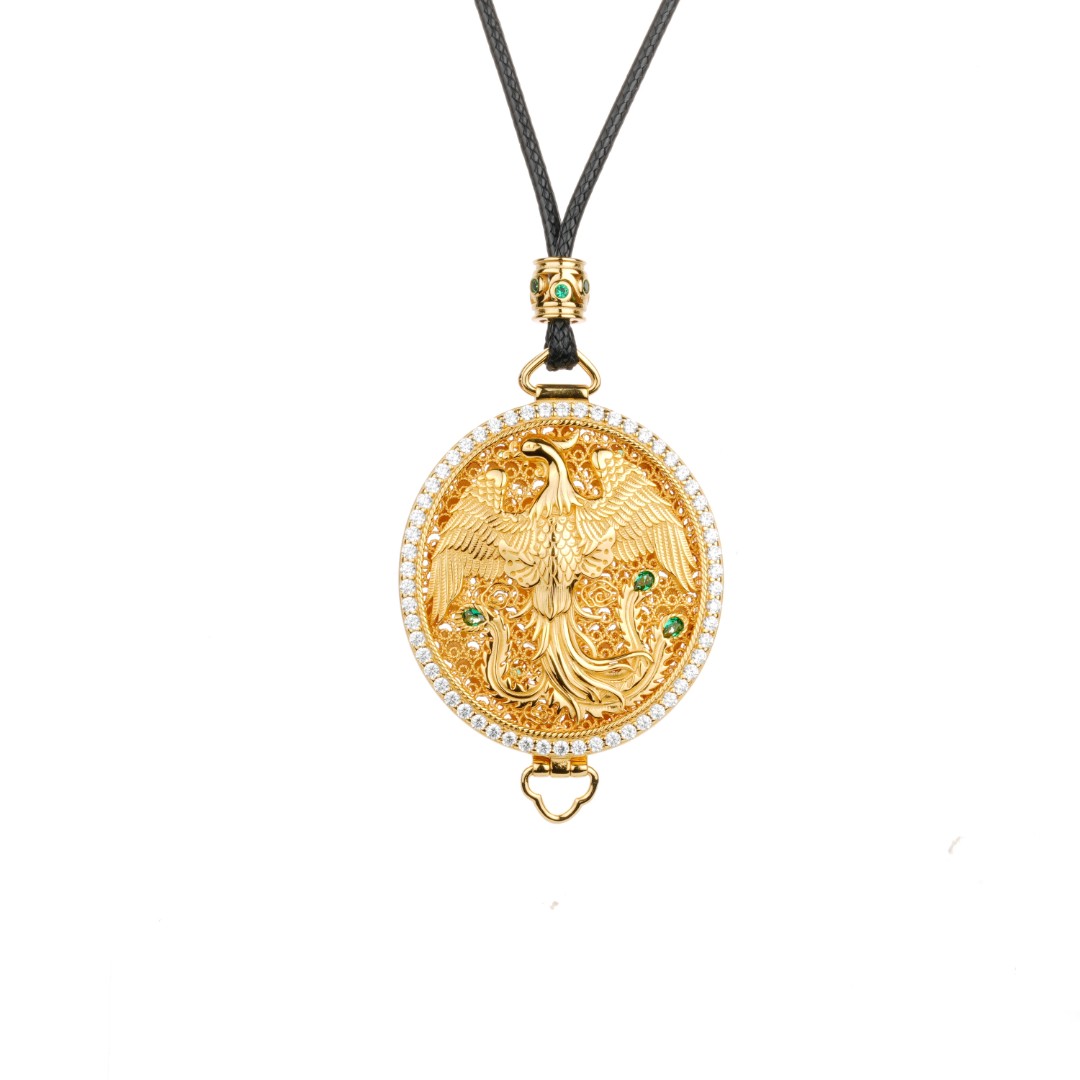 坠链均925银合成锆石 2943-金色雕花凤凰镂空豪镶百搭平安扣项链