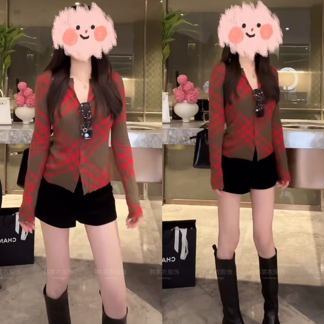 复古长袖格纹彩条拼接女秋气质撞色针织衫灯芯绒短裤两件套