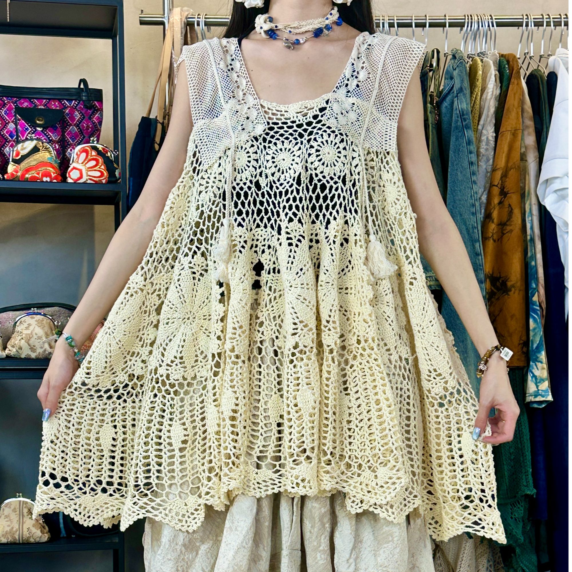 复古港风宽松型法式背心吊带夏季蕾丝碎花中长款镂空