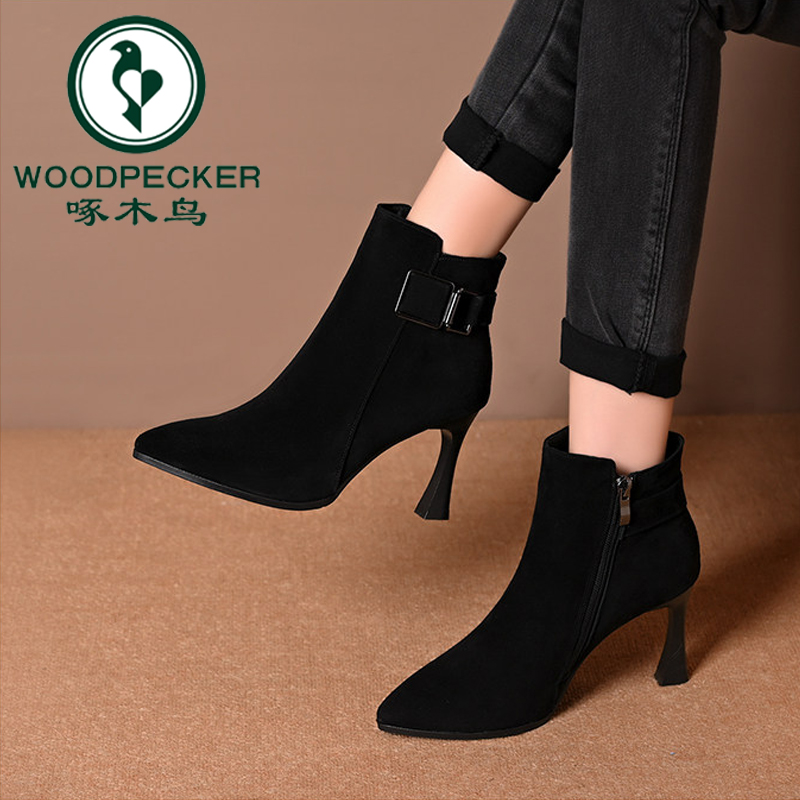 啄木鸟高跟鞋细跟气质磨砂皮小短靴女秋冬新款加绒配裙子及踝靴子