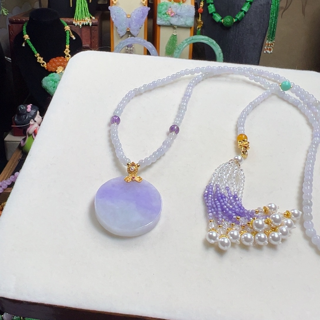 翡翠未镶嵌毛衣链冰紫无事牌