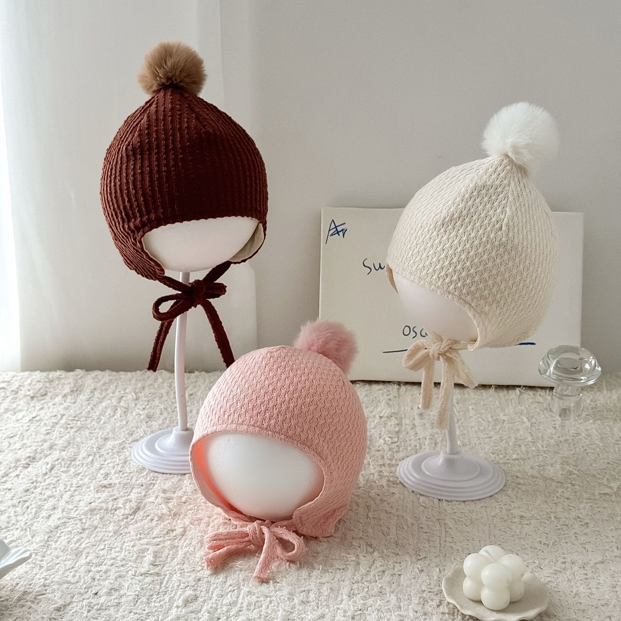 萌萌家高定款秋冬季儿童针织帽洋气豆丁系带护耳帽潮童宝宝穿搭帽