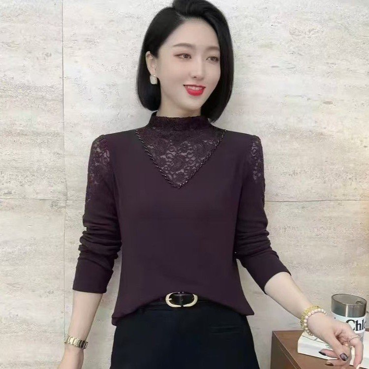 2025新品法式蕾丝领钉珠拼接洋气小衫