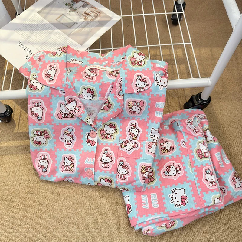 甜美可爱拼图HelloKitty睡衣女春秋款长袖开衫网红新款家居服套装