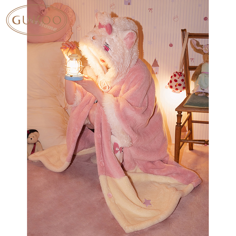 Gukoo/果壳玛丽猫联名睡袍连帽卡通甜美加绒冬季斗篷家居服女士