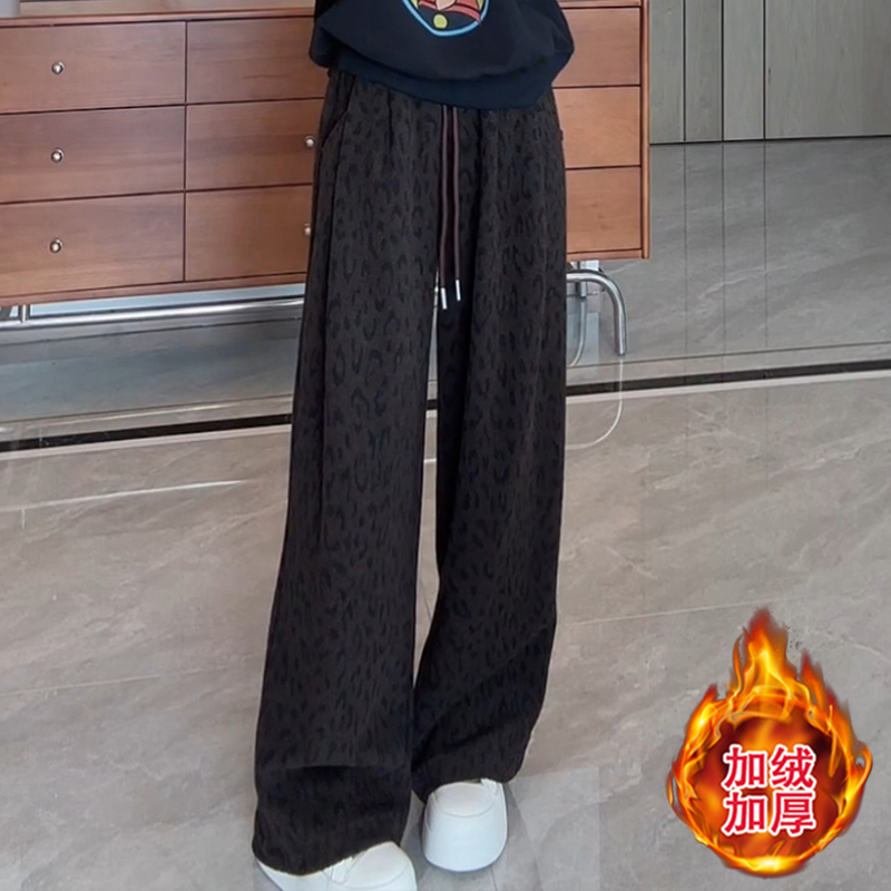 美式时髦灰色豹纹休闲裤女2025冬季新款抽绳高腰宽松休闲阔腿长裤