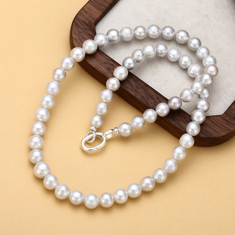 链子925银 温润气质珍7mm白圆珠项链